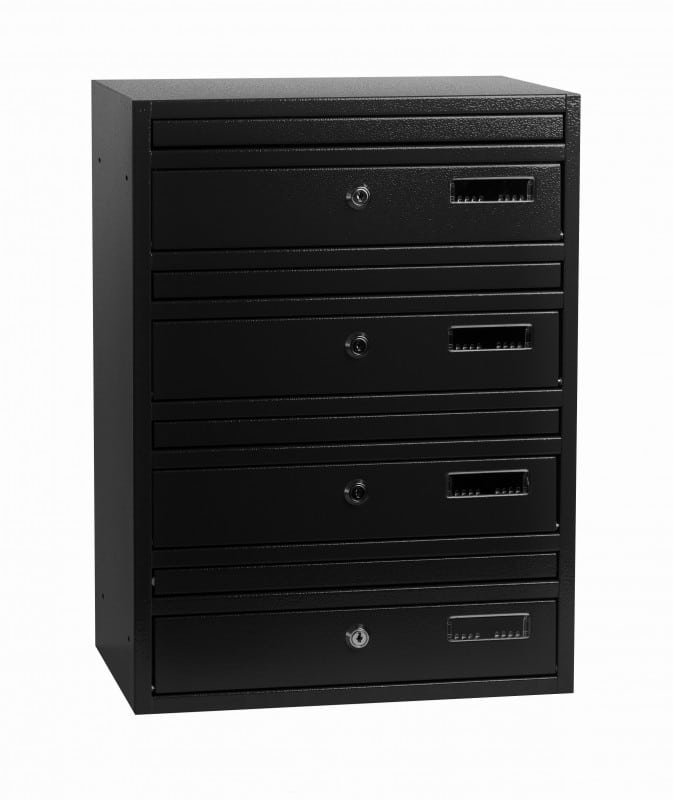 E1UK bank of 4 wall mounted multiple letter boxes black