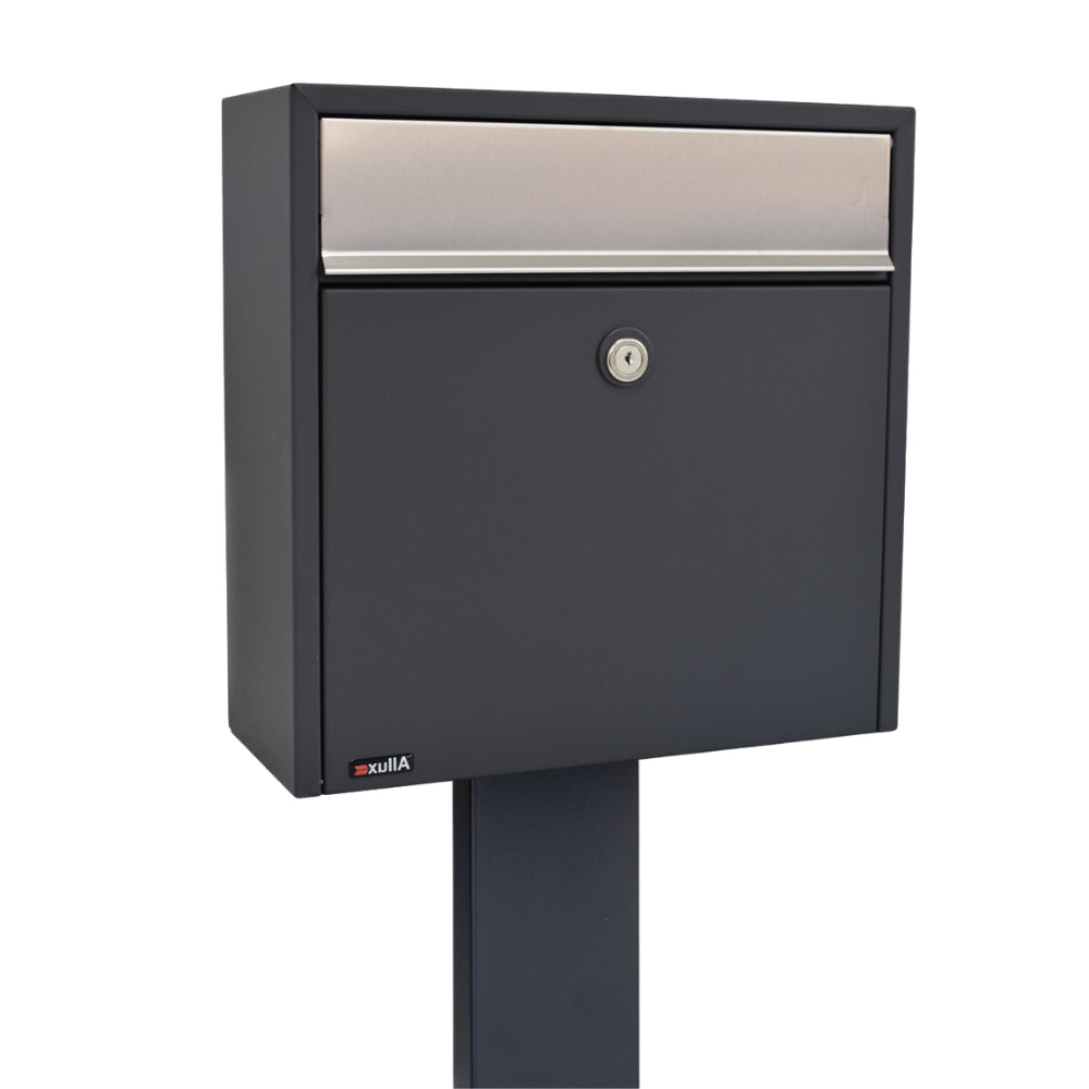 Free Standing External Post Box   Allux 250 FR 2 Dark Grey   Close Up Side Angle