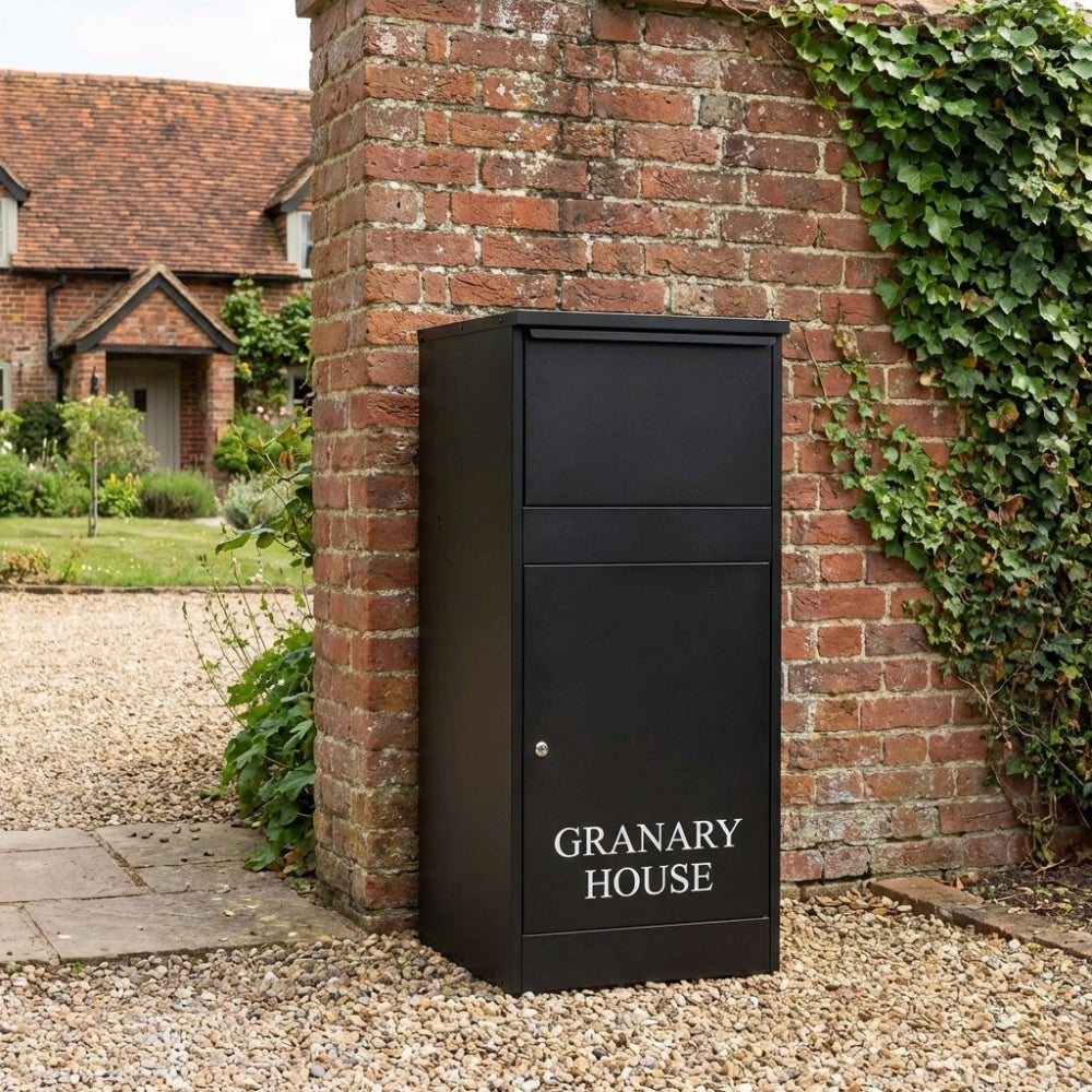 Free Standing Front Access Buzzard Outdoor Extra Large Parcel Box   Black   Lifestyle Photo