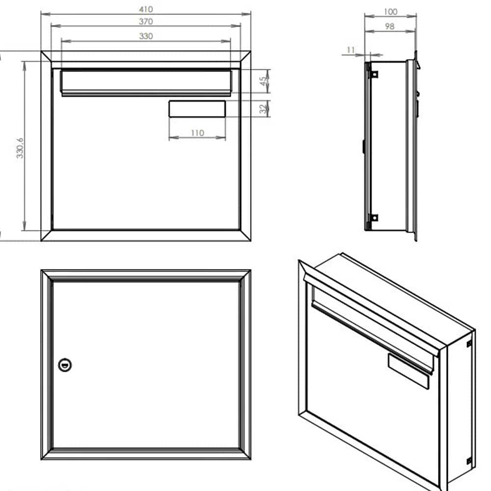 LAD 03 Rear Access Outdoor Post Box For Railings Dimnsions