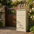 Modern Minimalist Free Standing Front Access Buzzard Outdoor Extra Large Parcel Box   Pebble Grey Personalisation   Lifestyle Photo