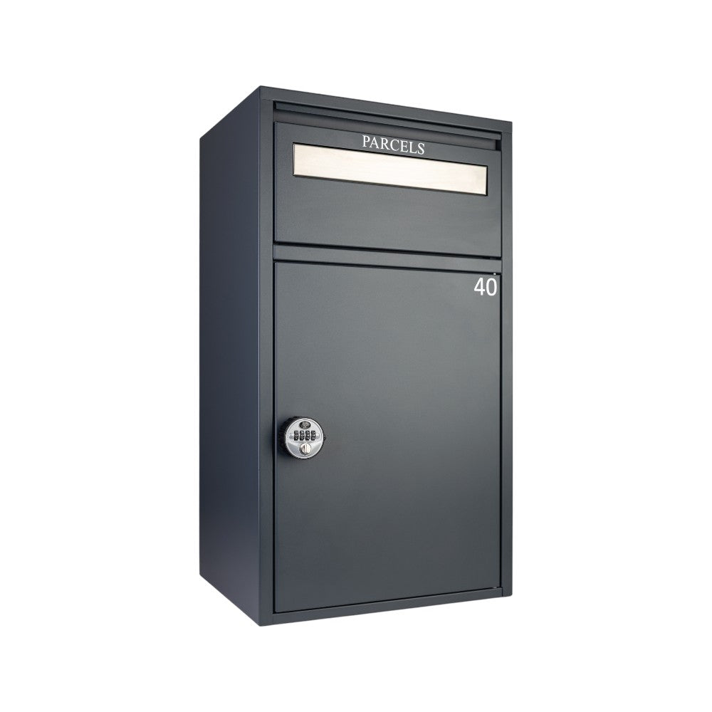 Secure Letter And Parcel Box For Flats And Offices   Starling Grey   With Combination Lock   Angled Shot